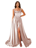 Cowl Neck Satin Prom Dresses Corset Ball Gown Long Puffy A-Line Formal Evening Gown with Slit
