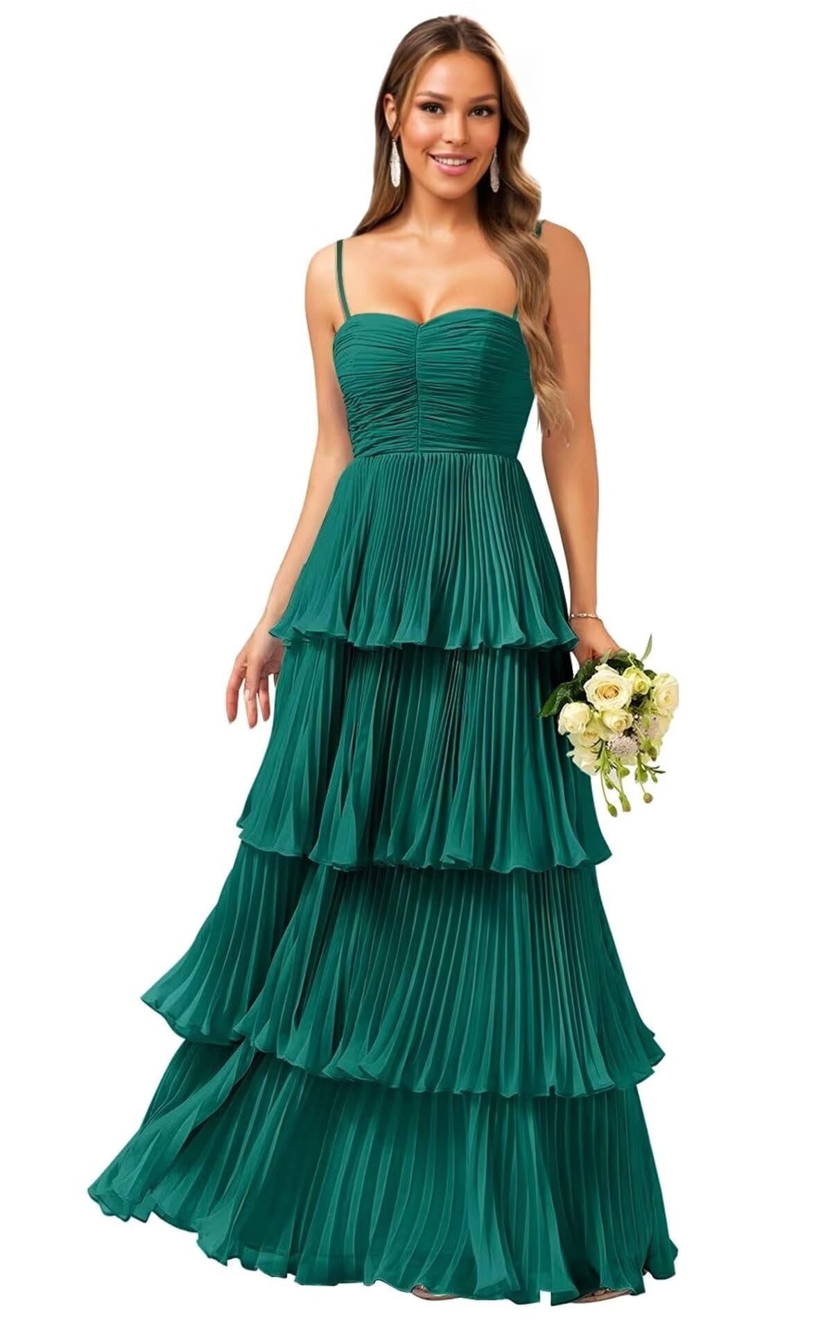Tiered Ruffle Bridesmaid Dresses for Women Spaghetti Straps Long Chiffon Formal Evening Prom Gowns