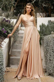 V Neck Satin Bridesmaid Dresses Spaghetti Straps Prom Dress Slit Wedding Formal Evening Party Dress