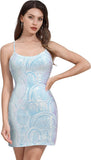 Women's Spaghetti Straps Sparkly Sequins Bodycon Mini Dress Party Nightclub Short Tight Sequin Homecoming Dresses for Teens