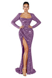 Mermaid Sequin Prom Dresses for Women 2026 Long Sleeve Ruched Formal Dress with Slit Sparkly Evening Party Gowns