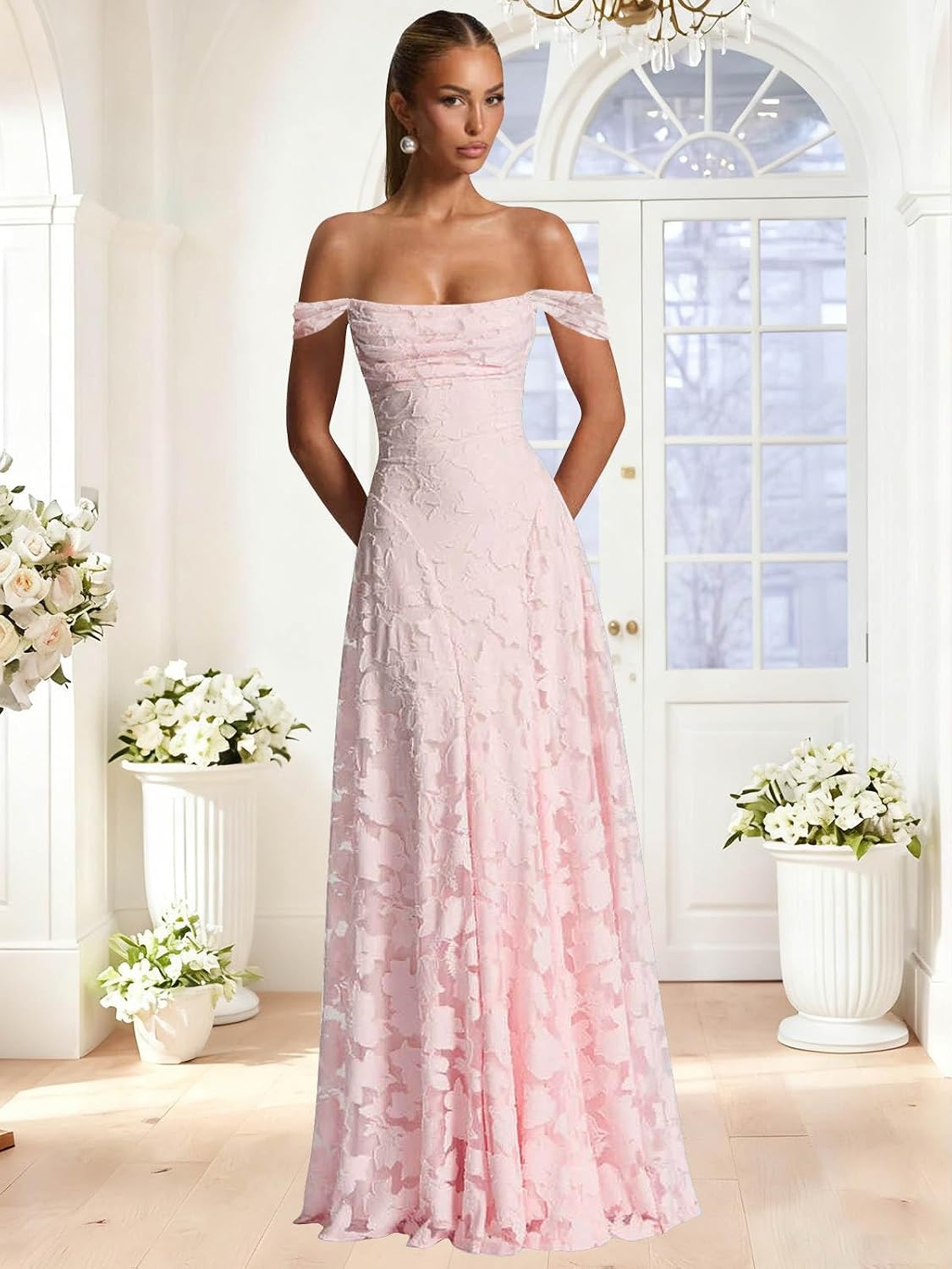 Off The Shoulder Bridesmaid Dresses Long for Women Formal Evening Gown Lace Wedding Guest Dress