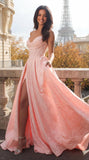 Jacquard Satin Prom Dresses with Slit Strapless Corset A Line Long Formal Gowns