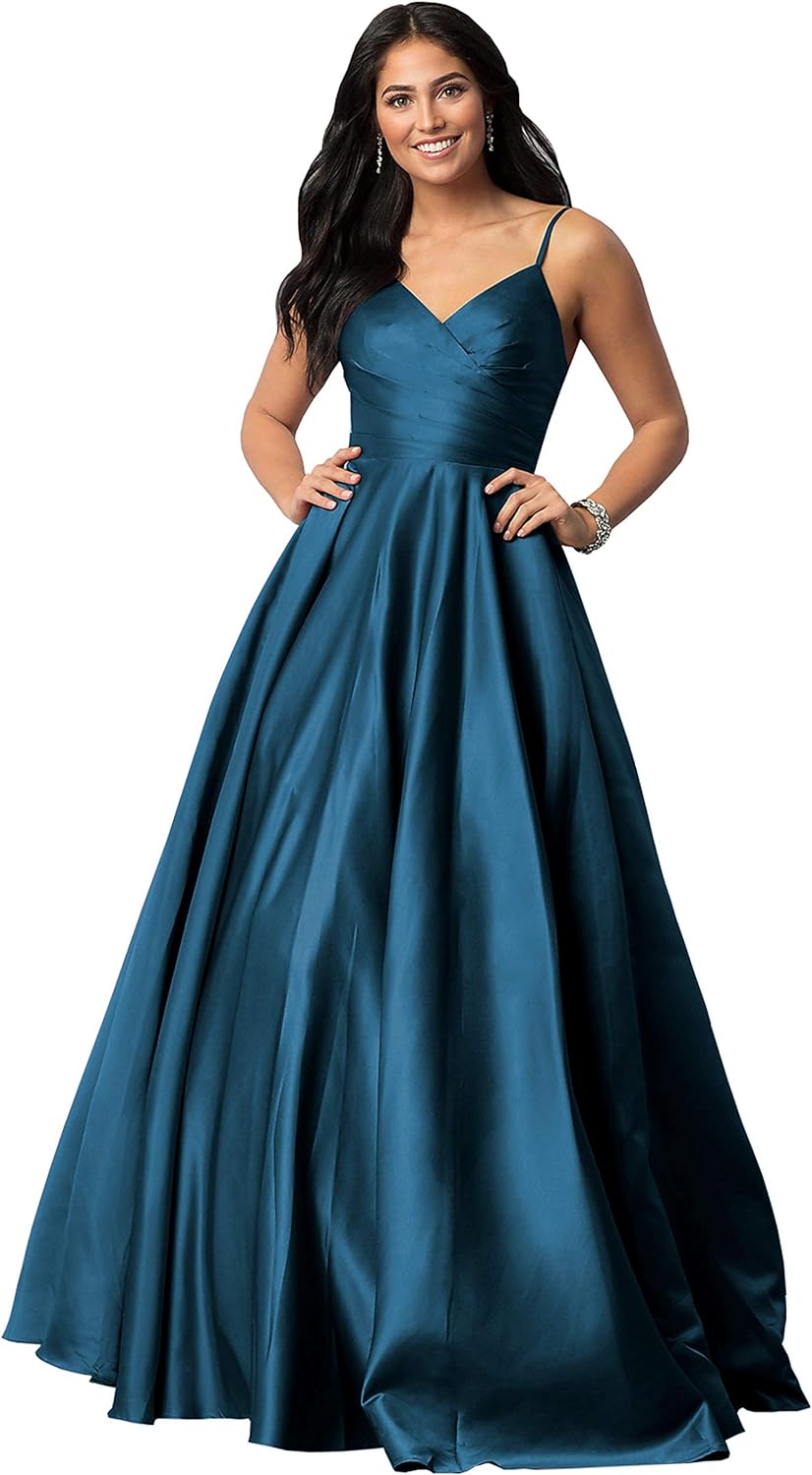 Women's Spaghetti Straps Satin Prom Dresses with Pockets V Neck Pleated Formal Evening Ball Gowns