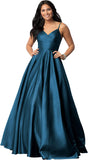 Women's Spaghetti Straps Satin Prom Dresses with Pockets V Neck Pleated Formal Evening Ball Gowns