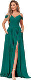 Women's Off Shoulder Bridesmaid Dress with Slit Chiffon Pleated Long Formal Dress