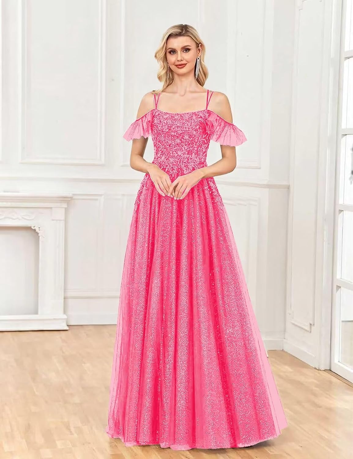 Off Shoulder Tulle Ball Gowns for Women Lace Appliques Beaded Prom Dress Sparkly Long A-line Evening Gowns
