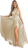 Vestido de fiesta de satén metálico brillante con abertura para mujer, vestido formal de noche plisado con cuello halter 