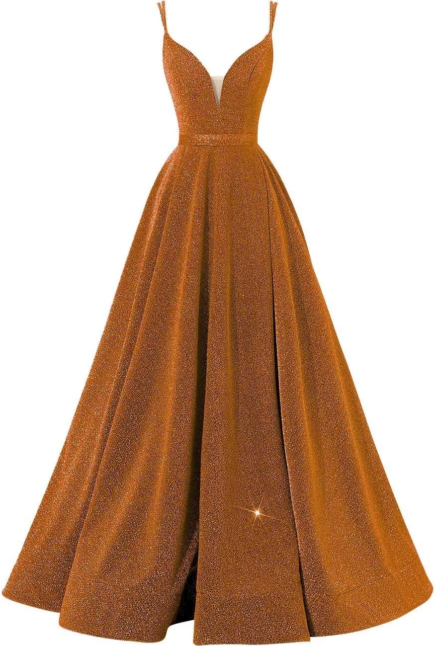 Women's Glittery Spaghetti V-Neck Prom Dresses Long Side Split Formal Evening Gowns