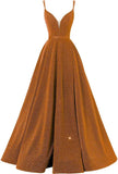 Women's Glittery Spaghetti V-Neck Prom Dresses Long Side Split Formal Evening Gowns