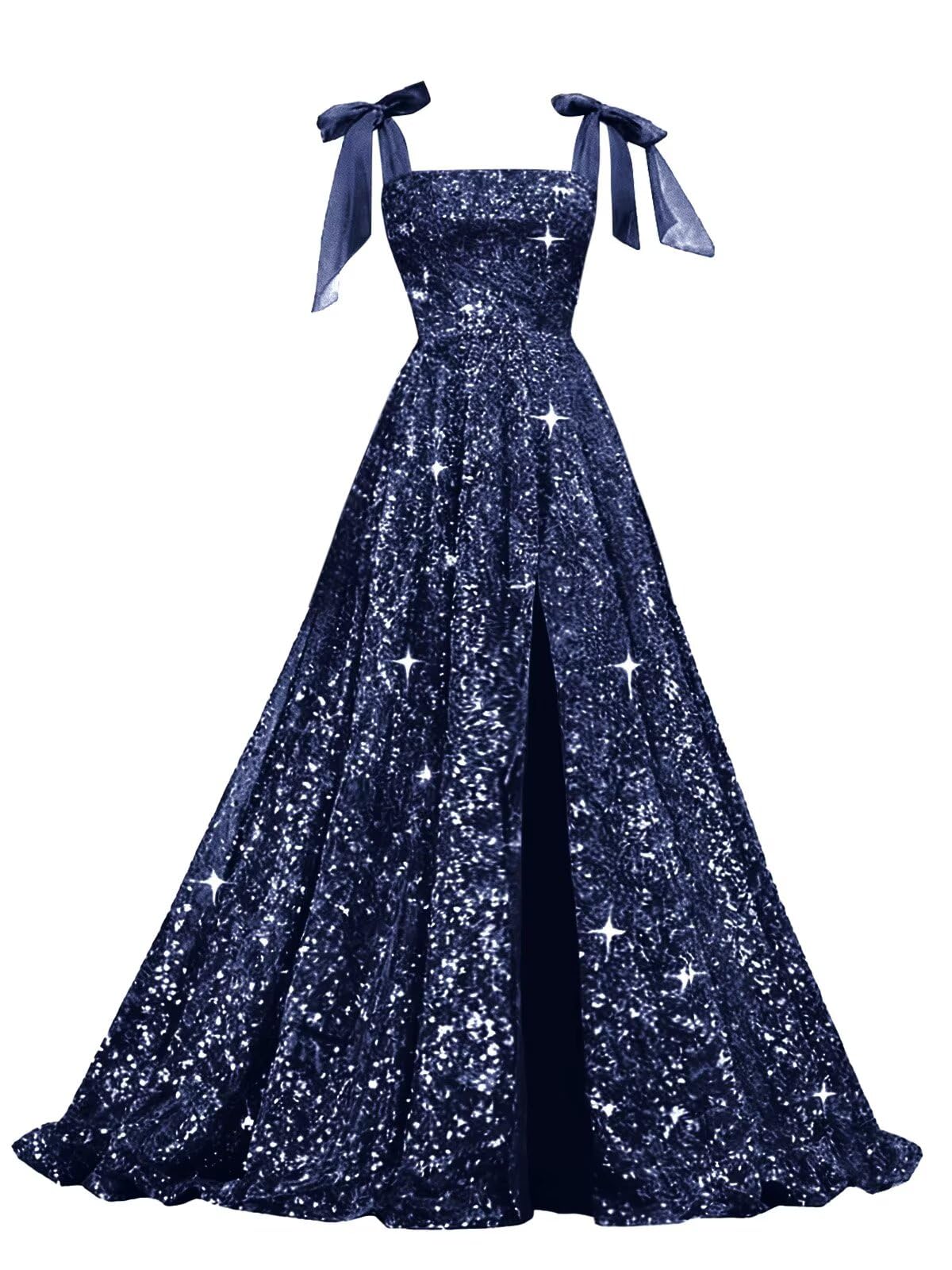 Bow Straps Prom Dresses 2026 Sparkly Sequin Square Neck Ruched Long Puffy Ball Gown Formal Dress with Slit Pockets