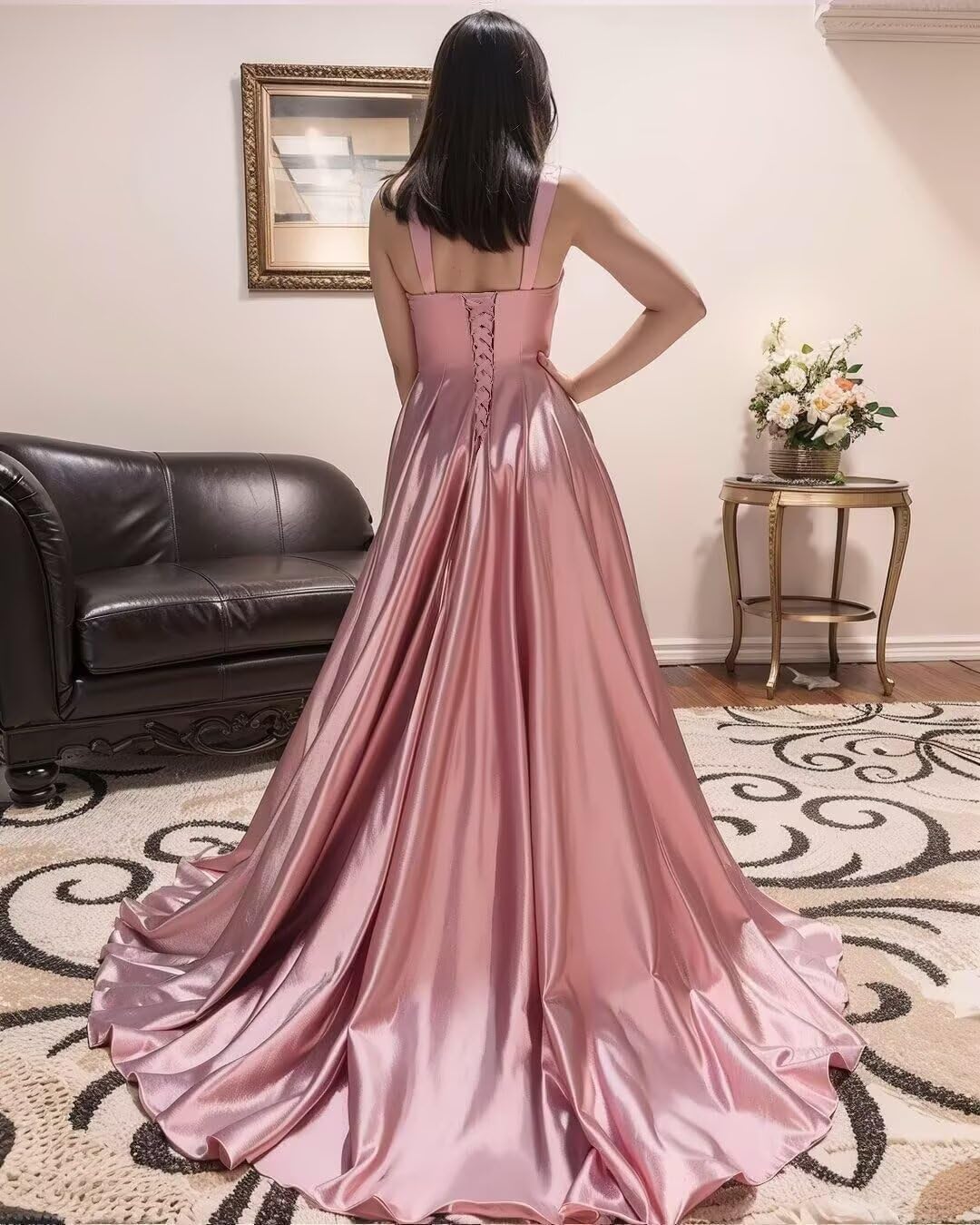 Spaghetti Straps Satin Bridesmaid Dresses for Women Long A-Line Square Neck Formal Evening Party Gown with Slit