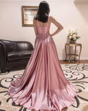 Spaghetti Straps Satin Bridesmaid Dresses for Women Long A-Line Square Neck Formal Evening Party Gown with Slit