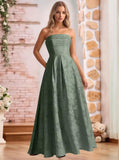 Jacquard Floral Prom Dresses Strapless Maxi Evening Gowns A-Line Ruched Formal Party Dress Elegant