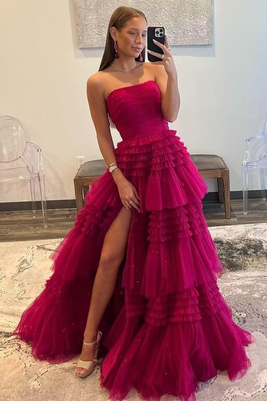 Strapless Tiered Tulle Prom Dresses for Women 2027 Long Sparkly A-Line Formal Evening Party Ball Gowns with Slit