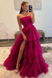 Strapless Tiered Tulle Prom Dresses for Women 2027 Long Sparkly A-Line Formal Evening Party Ball Gowns with Slit