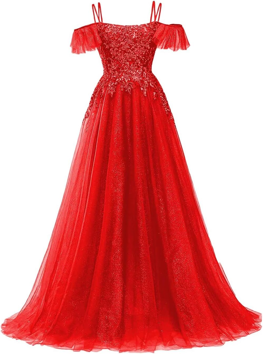 Off Shoulder Tulle Ball Gowns for Women Lace Appliques Beaded Prom Dress Sparkly Long A-line Evening Gowns