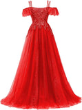 Off Shoulder Tulle Ball Gowns for Women Lace Appliques Beaded Prom Dress Sparkly Long A-line Evening Gowns