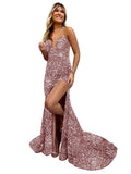 Sparkly Mermaid Sequin Prom Dresses for Women Long Spaghetti Straps V-Neck Formal Evening Party Gowns with Slit