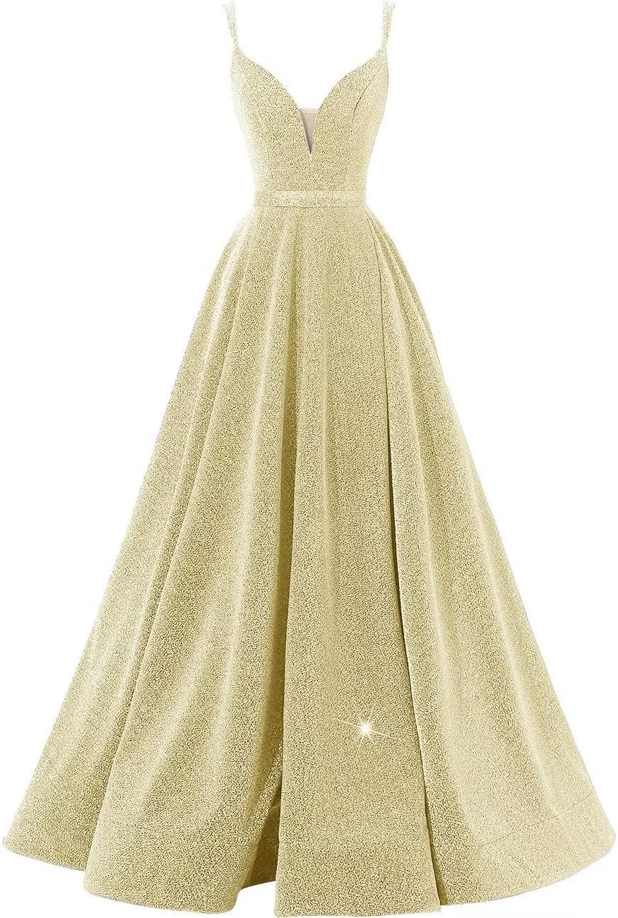Women's Glittery Spaghetti V-Neck Prom Dresses Long Side Split Formal Evening Gowns