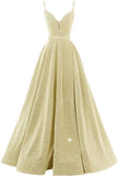 Women's Glittery Spaghetti V-Neck Prom Dresses Long Side Split Formal Evening Gowns