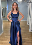 Cowl Neck Satin Prom Dresses Corset Ball Gown Long Puffy A-Line Formal Evening Gown with Slit