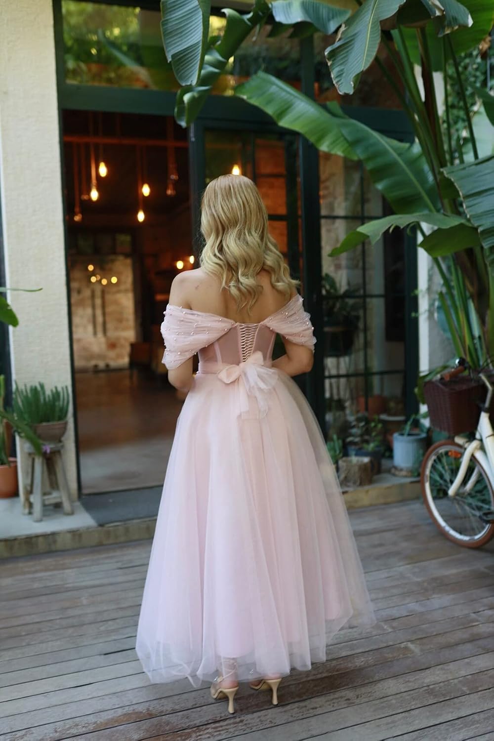 Tulle Tea Length Prom Dresses for Women Off The Shoulder Ball Gowns Teens Sweetheart Beaded Puffy Princess Dress