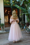 Tulle Tea Length Prom Dresses for Women Off The Shoulder Ball Gowns Teens Sweetheart Beaded Puffy Princess Dress