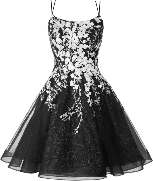 Sparkly Lace Applique Homecoming Dresses for Teens Short Corset Tulle Spaghetti Strap Prom Cocktail Party Dress