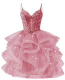 Glitter Tulle Homecoming Dresses 2026 Tiered Ruffles Lace Short Prom Dress for Teens Quinceanera Gowns