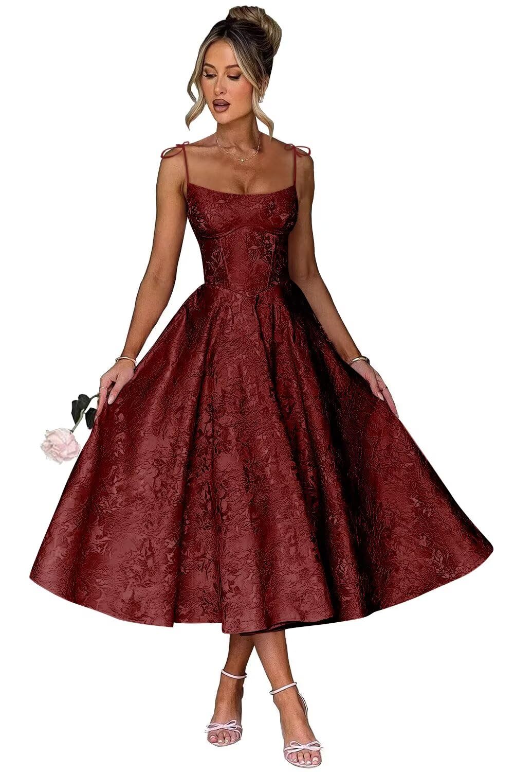 Jacquard Floral Satin Prom Dresses for Women 2026 Spaghetti Straps A-Line Midi Formal Evening Party Gown with Pockets