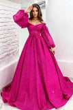 Puffy Sleeve Glitter Prom Dresses Women's Ball Gown Off Shoulder Formal Evening Gown Princess Quinceanera Dress