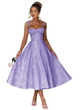 Eightale Satin Jacquard Prom Dress with Bow Tea Length Floral Midi Formal Evening Party Gown