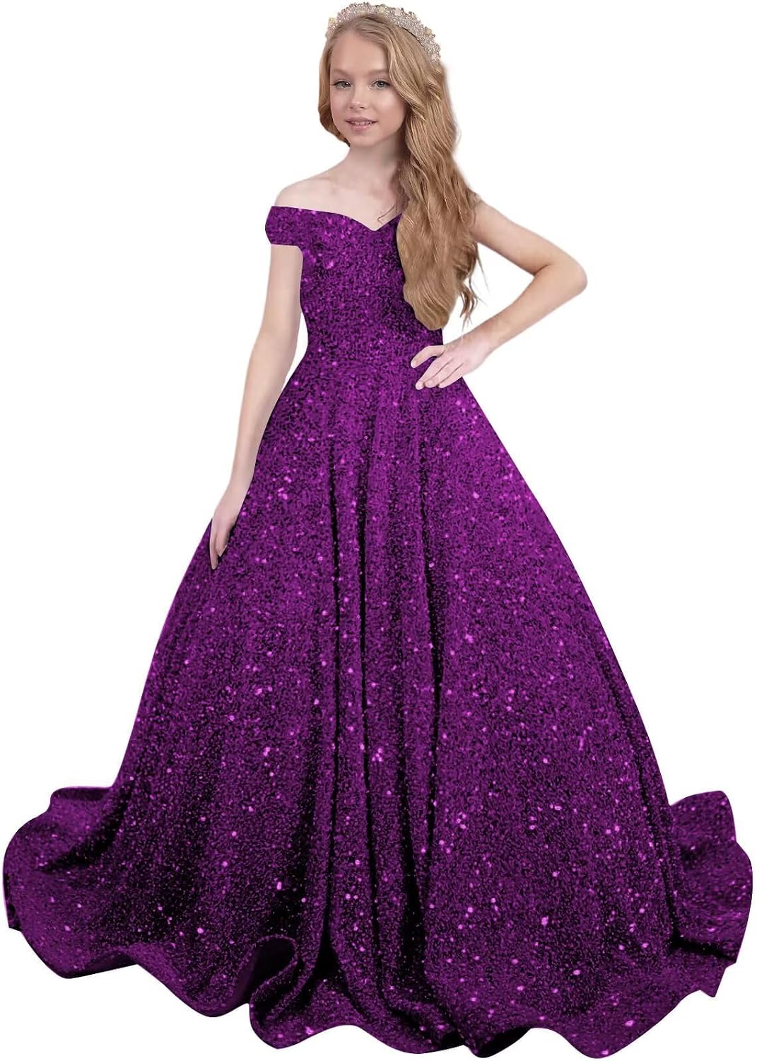 Ball Gown Sequin Pageant Dress for Teens Flower Girl Dress Girls Off Shoulder Long Formal Party Dresses 2027