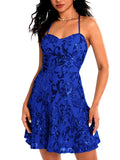 Women's Sequin Homecoming Prom Dress Spaghetti Straps Sparkly A Line Swing Party Nightclub Dance Mini Cocktail Dress Above Knee Length