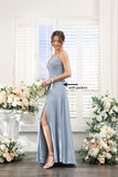 Vestidos de dama de honor largos con tirantes finos y bolsillos, plisados, formales, de noche, con abertura 