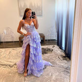 Vestido de fiesta de tul con encaje y capas, tirantes finos y abertura larga, corsé brillante, vestidos formales de fiesta de noche 