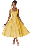 Floral Satin Jacquard Prom Dresses 2026 A-Line Tea Length Midi Square Neck Evening Party Gown with Pockets for Women