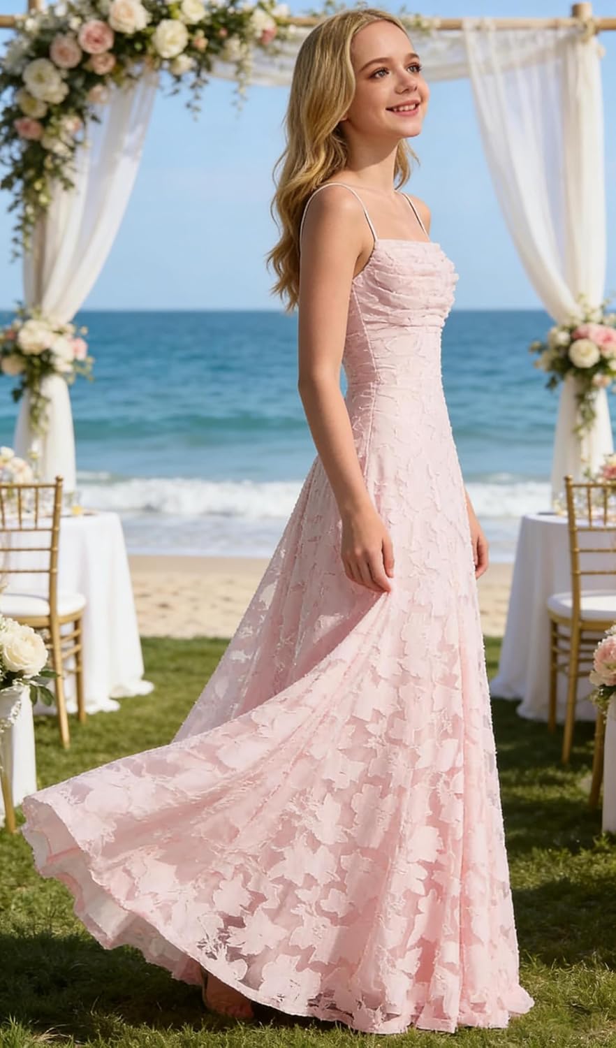 Lace Floral Junior Bridesmaid Dresses Long Spaghetti Strap Prom Dress for Teens Formal Gown Flower Girls Dress