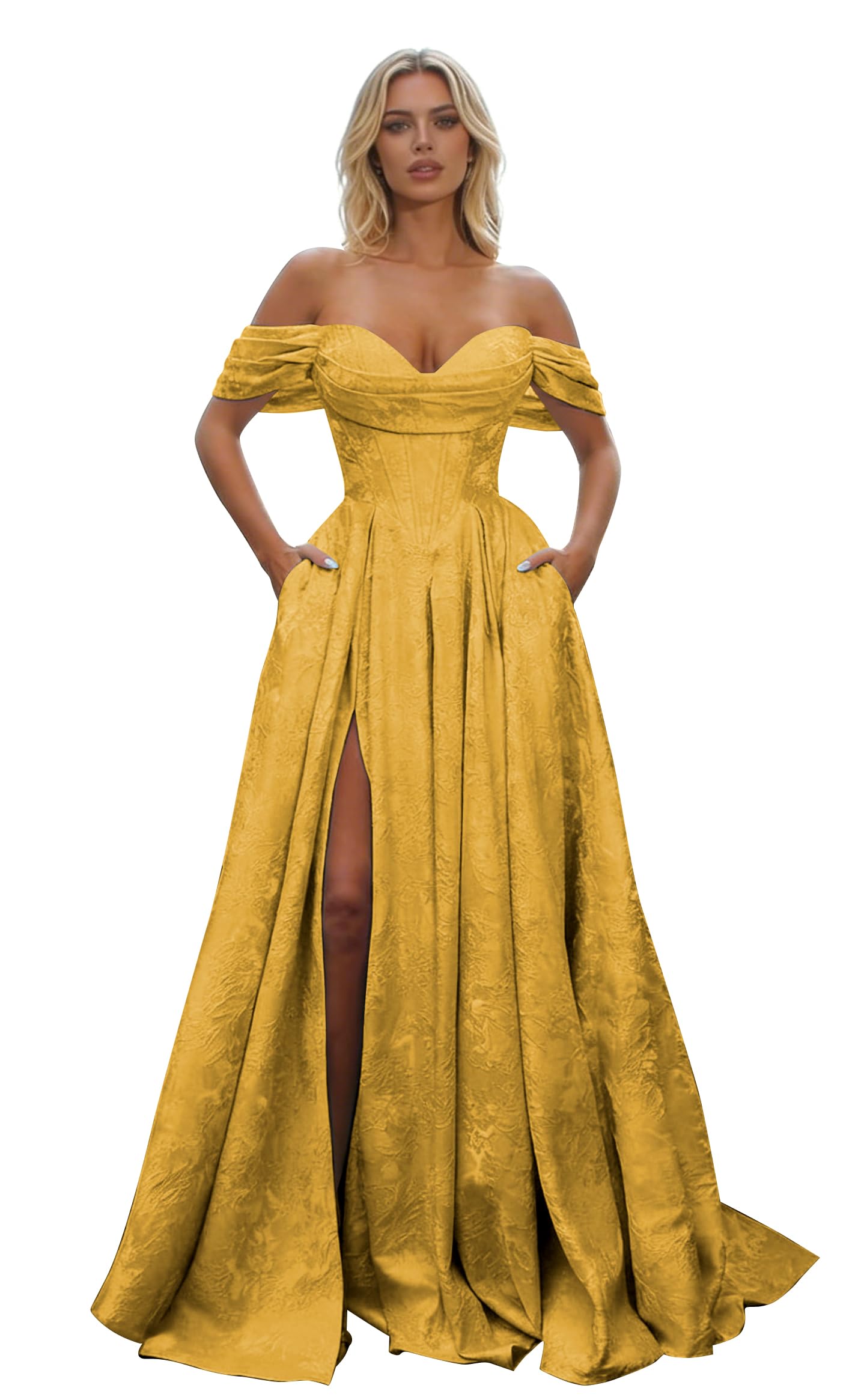 Off Shoulder Long Prom Dress 2026 Floral Satin A-Line Corset Ball Formal Evening Gown with Slit