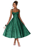 Eightale Satin Jacquard Prom Dress with Bow Tea Length Floral Midi Formal Evening Party Gown
