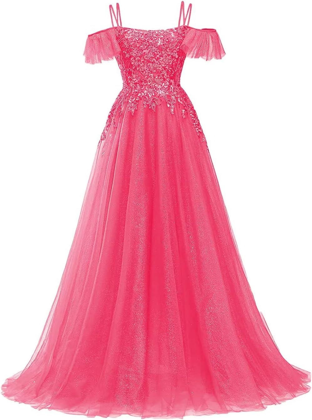 Off Shoulder Tulle Ball Gowns for Women Lace Appliques Beaded Prom Dress Sparkly Long A-line Evening Gowns