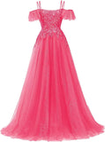 Off Shoulder Tulle Ball Gowns for Women Lace Appliques Beaded Prom Dress Sparkly Long A-line Evening Gowns