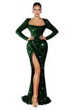 Mermaid Sequin Prom Dresses for Women 2026 Long Sleeve Ruched Formal Dress with Slit Sparkly Evening Party Gowns