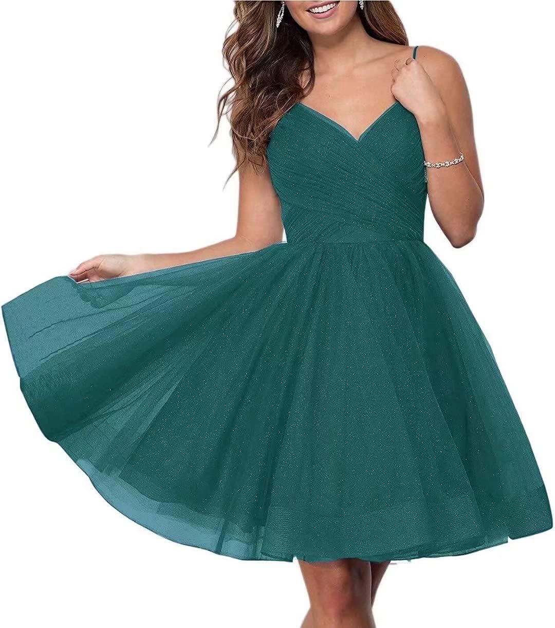 Short Homecoming Dresses Spaghetti Straps V Neck Glitter Tulle Ball Gown Short Prom Graduation Dress for Juniors
