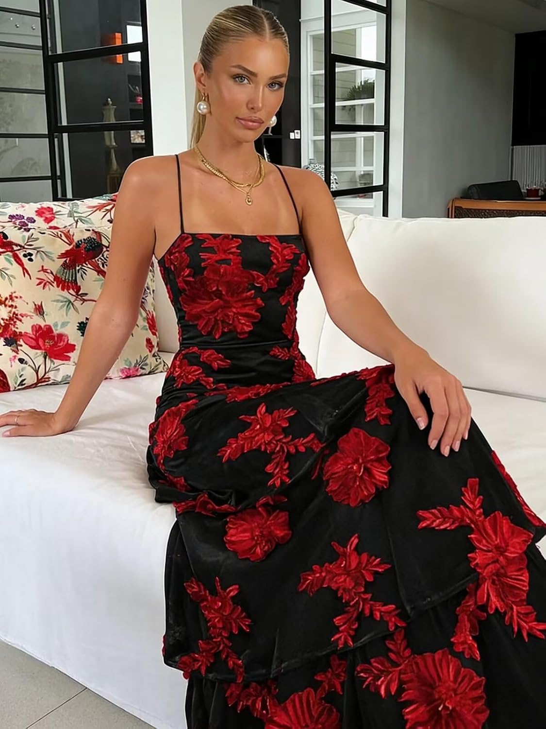 Ruffle Floral Embroidery Prom Dress Long A Line Tiered Bridesmaid Dresses Formal Evening Gowns
