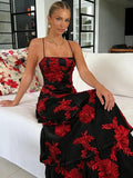 Ruffle Floral Embroidery Prom Dress Long A Line Tiered Bridesmaid Dresses Formal Evening Gowns