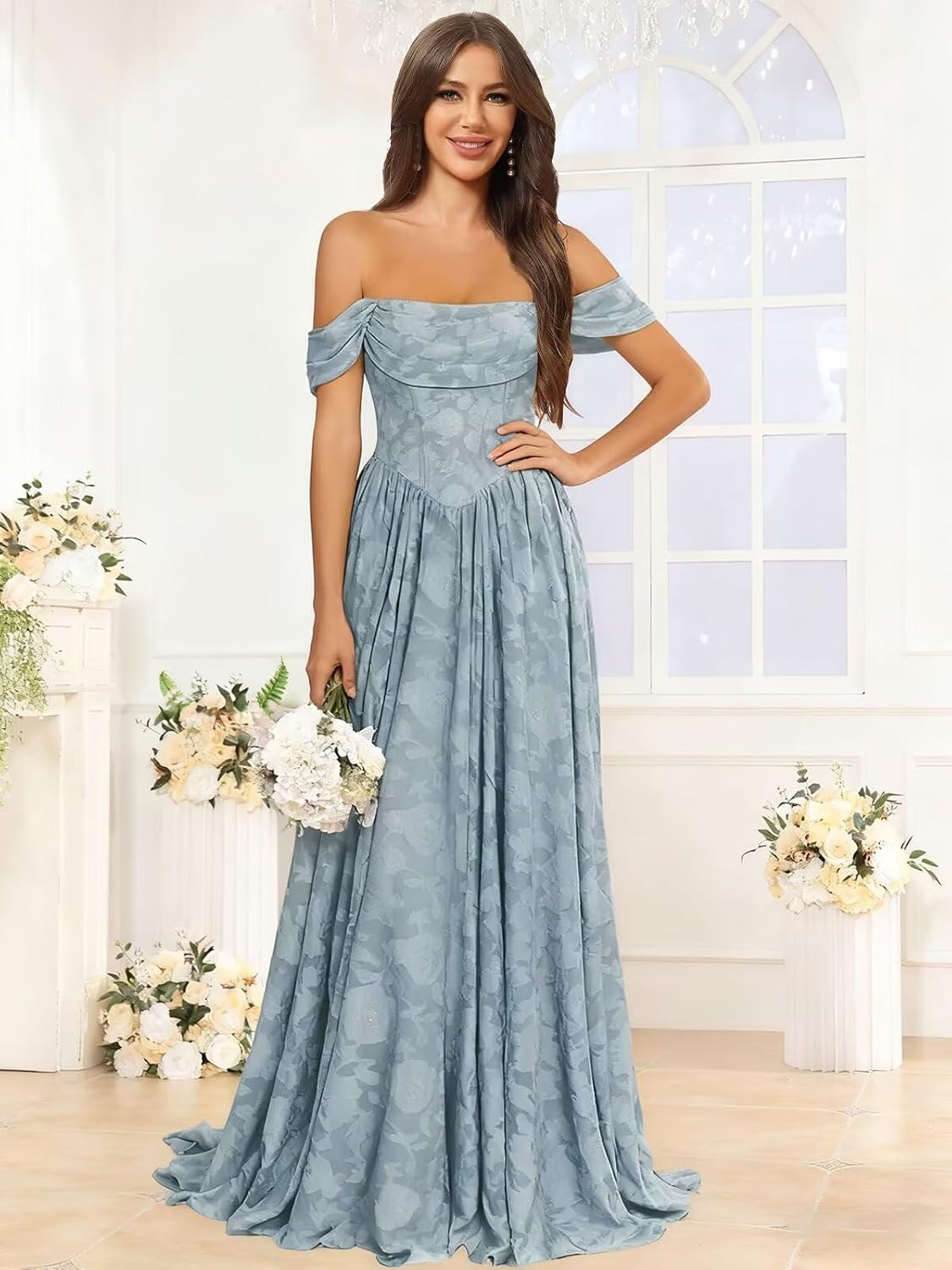 Jacquard Chiffon Bridesmaid Dresses Long Off The Shoulder Formal Evening Dress for Women
