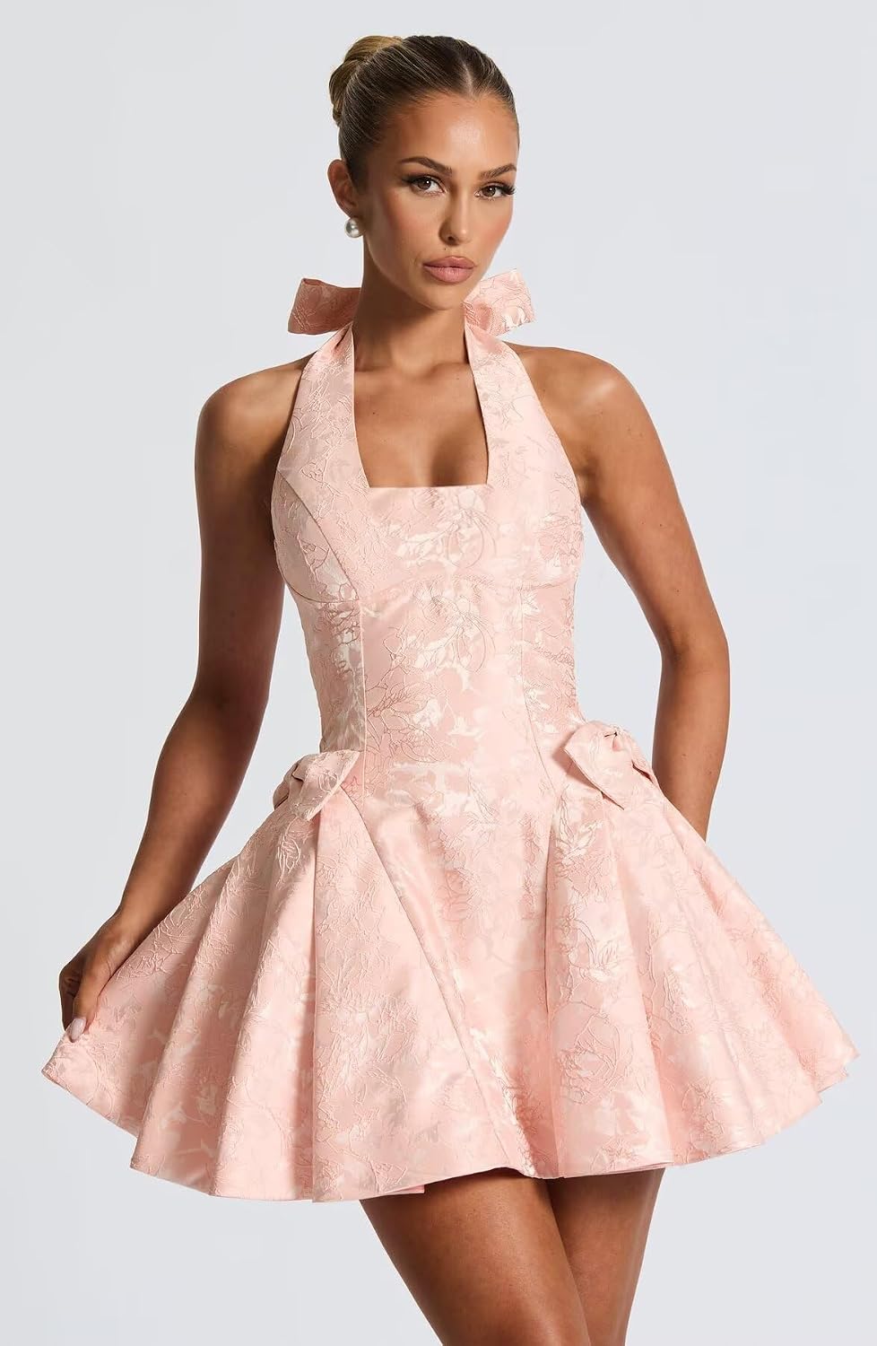 Satin Jacquard Halter Homecoming Dresses with Bow for Teens Mini A-Line Puffy Cocktail Corset Evening Party Gown