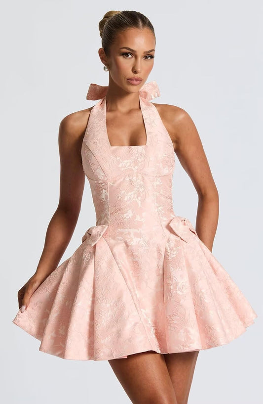 Satin Jacquard Halter Homecoming Dresses with Bow for Teens Mini A-Line Puffy Cocktail Corset Evening Party Gown